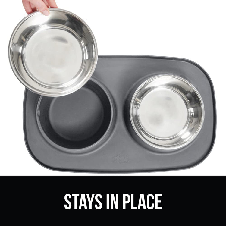 GORILLA GRIP Feeding Mat Set, Patent Pending 100% Waterproof BPA Free Silicone, Stainless Steel Cat and Dog Bowls, Slip Resistant, 1 Black mat/tray with 2 stainless steel bowls