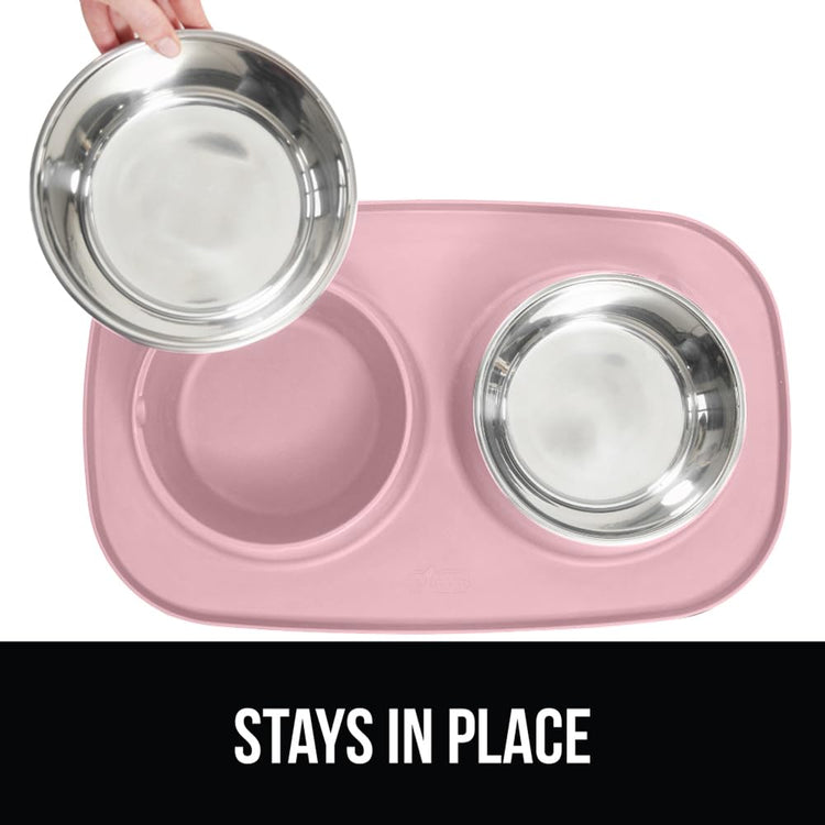 GORILLA GRIP Feeding Mat Set, Patent Pending 100% Waterproof BPA Free Silicone, Stainless Steel Cat and Dog Bowls, Slip Resistant, 1 Black mat/tray with 2 stainless steel bowls