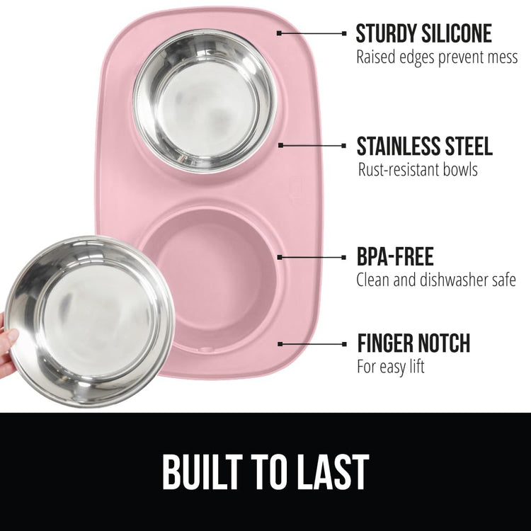 GORILLA GRIP Feeding Mat Set, Patent Pending 100% Waterproof BPA Free Silicone, Stainless Steel Cat and Dog Bowls, Slip Resistant, 1 Black mat/tray with 2 stainless steel bowls