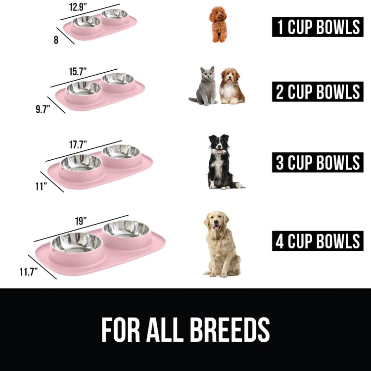 GORILLA GRIP Feeding Mat Set, Patent Pending 100% Waterproof BPA Free Silicone, Stainless Steel Cat and Dog Bowls, Slip Resistant, 1 Black mat/tray with 2 stainless steel bowls