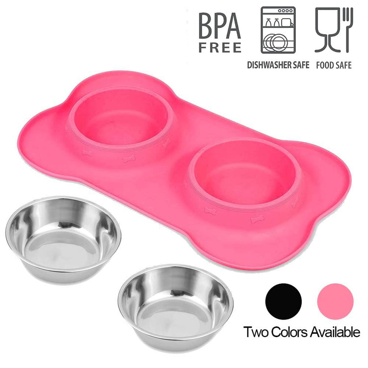 AsFrost Dog Food Bowls Stainless Steel Pet Bowls & Dog Water Bowls with No-Spill and Non-Skid, Feeder Bowls with Dog Bowl Mat for Dogs Cats and Pets-Pink, 24 0z in Total