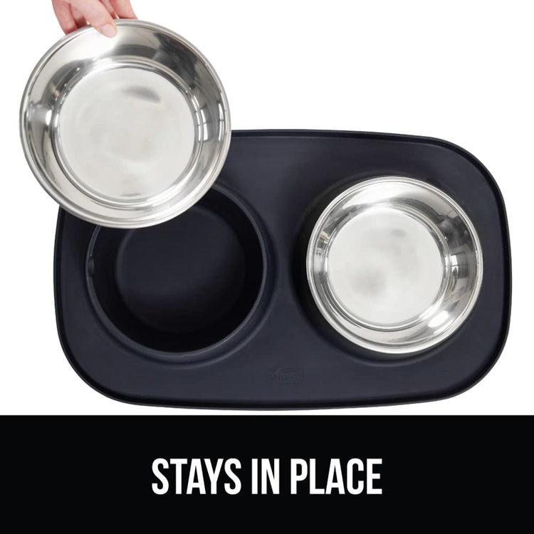 GORILLA GRIP Feeding Mat Set, Patent Pending 100% Waterproof BPA Free Silicone, Stainless Steel Cat and Dog Bowls, Slip Resistant, 1 Black mat/tray with 2 stainless steel bowls