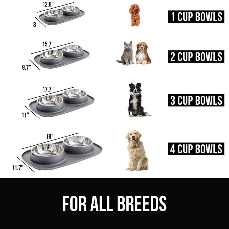 GORILLA GRIP Feeding Mat Set, Patent Pending 100% Waterproof BPA Free Silicone, Stainless Steel Cat and Dog Bowls, Slip Resistant, 1 Black mat/tray with 2 stainless steel bowls
