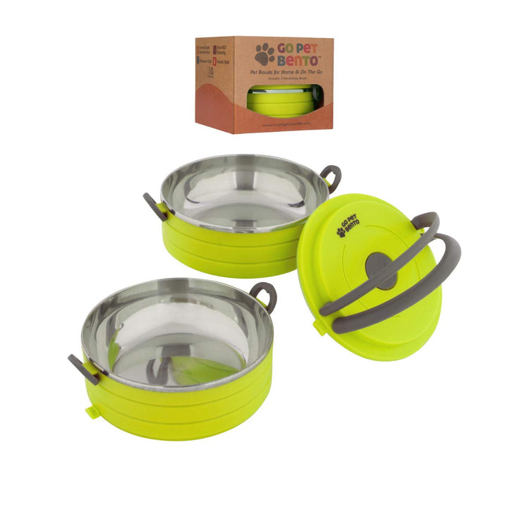 Healthy Human Travel Pet Bento Bowls - Human-Grade Stainless Steel & BPA-Free, Leak-Proof Water & Food Container Set for Dogs & Cats, 4-Pack Interlocking Bowls, Includes Spare Clips & Handle (Pink)