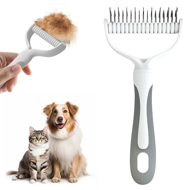 Double Sided Dematting Comb for Cats and Dogs, 2-in-1 Deshedding and Detangling Rake, Undercoat Matt Remover for Long Thick Hair, Pet Grooming Brush, Lint Remover (white)