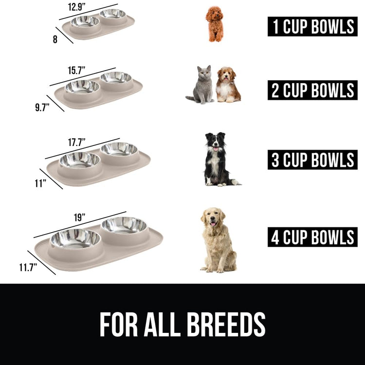 GORILLA GRIP Feeding Mat Set, Patent Pending 100% Waterproof BPA Free Silicone, Stainless Steel Cat and Dog Bowls, Slip Resistant, 1 Black mat/tray with 2 stainless steel bowls