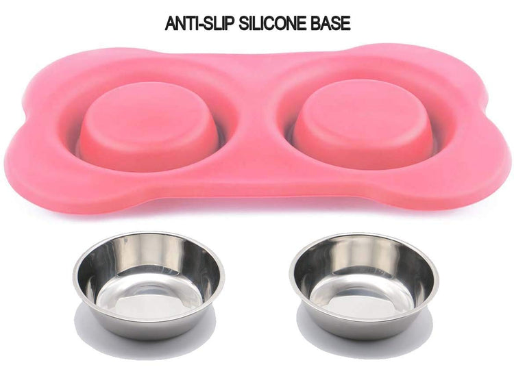 AsFrost Dog Food Bowls Stainless Steel Pet Bowls & Dog Water Bowls with No-Spill and Non-Skid, Feeder Bowls with Dog Bowl Mat for Dogs Cats and Pets-Pink, 24 0z in Total