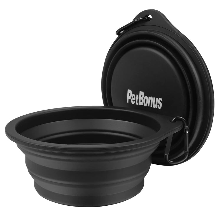 PetBonus 2-Pack Silicone Collapsible Dog Bowls, BPA Free Dishwasher Safe, Portable Foldable Expandable Travel Bowl, Food Water Feeding Cup Dish for Dogs Cats with 2 Carabiners (Turquoise, Tan)