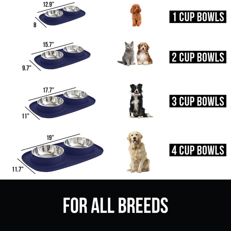 GORILLA GRIP Feeding Mat Set, Patent Pending 100% Waterproof BPA Free Silicone, Stainless Steel Cat and Dog Bowls, Slip Resistant, 1 Black mat/tray with 2 stainless steel bowls