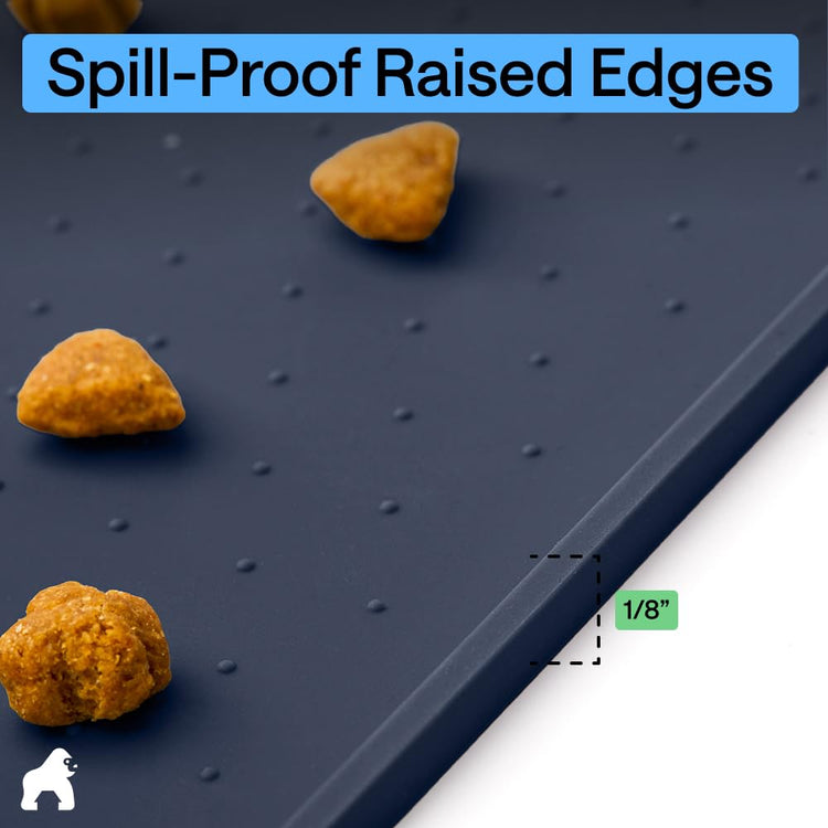 GORILLA GRIP 100% Waterproof Raised Edge BPA Free Silicone Pet Feeding Mat, Dog Cat Food Mats Contain Spills Protects Floors, Placemats for Cats and Dogs Water Bowl, 18.5x11.5, Gray
