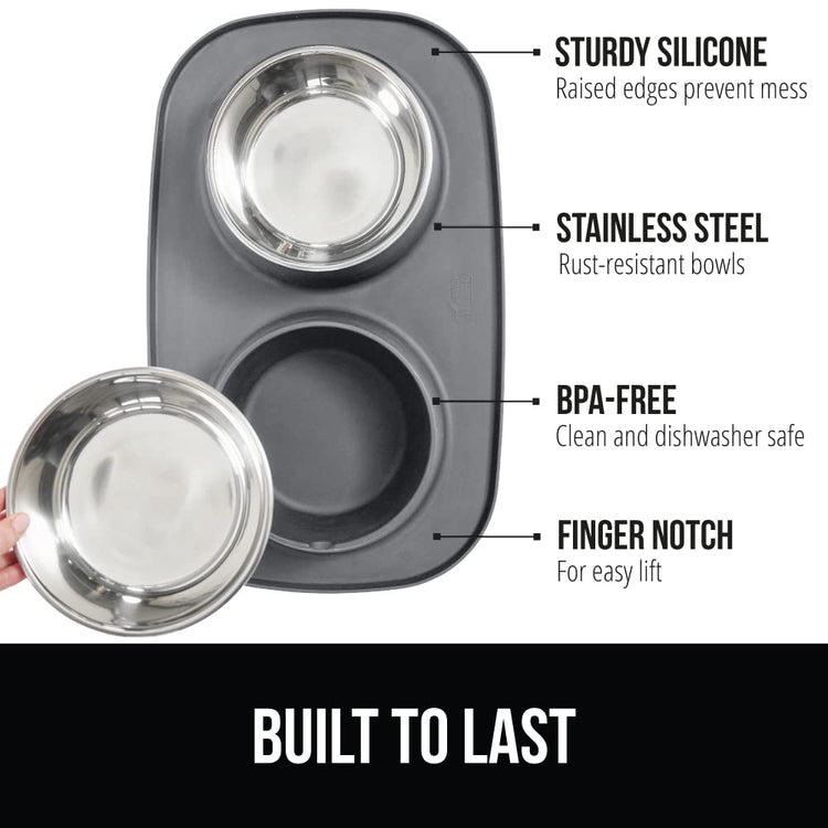 GORILLA GRIP Feeding Mat Set, Patent Pending 100% Waterproof BPA Free Silicone, Stainless Steel Cat and Dog Bowls, Slip Resistant, 1 Black mat/tray with 2 stainless steel bowls