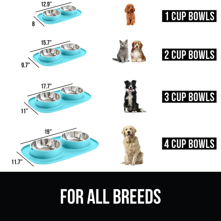 GORILLA GRIP Feeding Mat Set, Patent Pending 100% Waterproof BPA Free Silicone, Stainless Steel Cat and Dog Bowls, Slip Resistant, 1 Black mat/tray with 2 stainless steel bowls