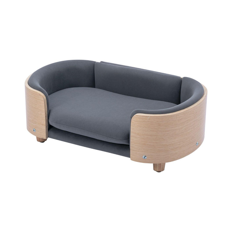 Velvet Dog Bed Pet Sofa with Solid Wood Legs and Bent Wood Back, Stain-Resistant Cushion in Multiple Colors - Luxury Pet Furniture for Cats and Dogs, Dark Grey