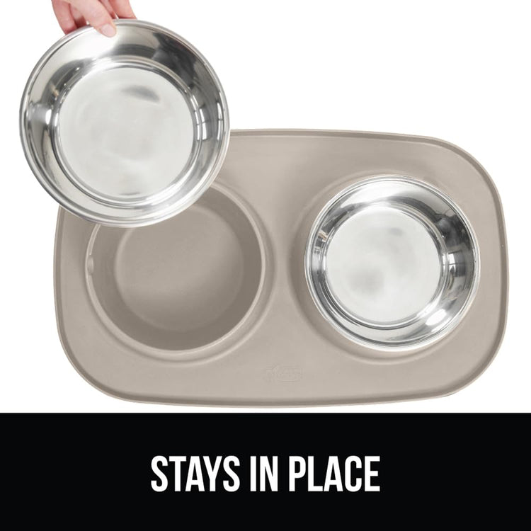 GORILLA GRIP Feeding Mat Set, Patent Pending 100% Waterproof BPA Free Silicone, Stainless Steel Cat and Dog Bowls, Slip Resistant, 1 Black mat/tray with 2 stainless steel bowls