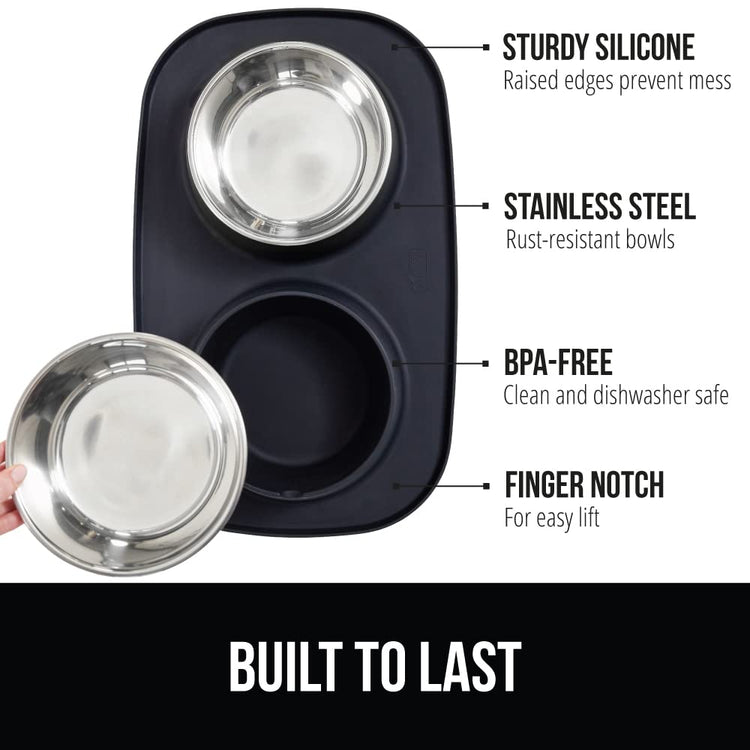 GORILLA GRIP Feeding Mat Set, Patent Pending 100% Waterproof BPA Free Silicone, Stainless Steel Cat and Dog Bowls, Slip Resistant, 1 Black mat/tray with 2 stainless steel bowls