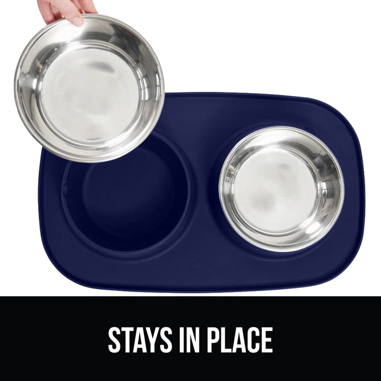GORILLA GRIP Feeding Mat Set, Patent Pending 100% Waterproof BPA Free Silicone, Stainless Steel Cat and Dog Bowls, Slip Resistant, 1 Black mat/tray with 2 stainless steel bowls