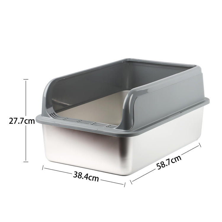 Powools Stainless Steel Cat Litter Box, Metal Litter Box with Scoop, High- Sided, Anti-Leakage Top Entry, Non-Sticky, Easy to Clean, Grey, M (1 Pack)