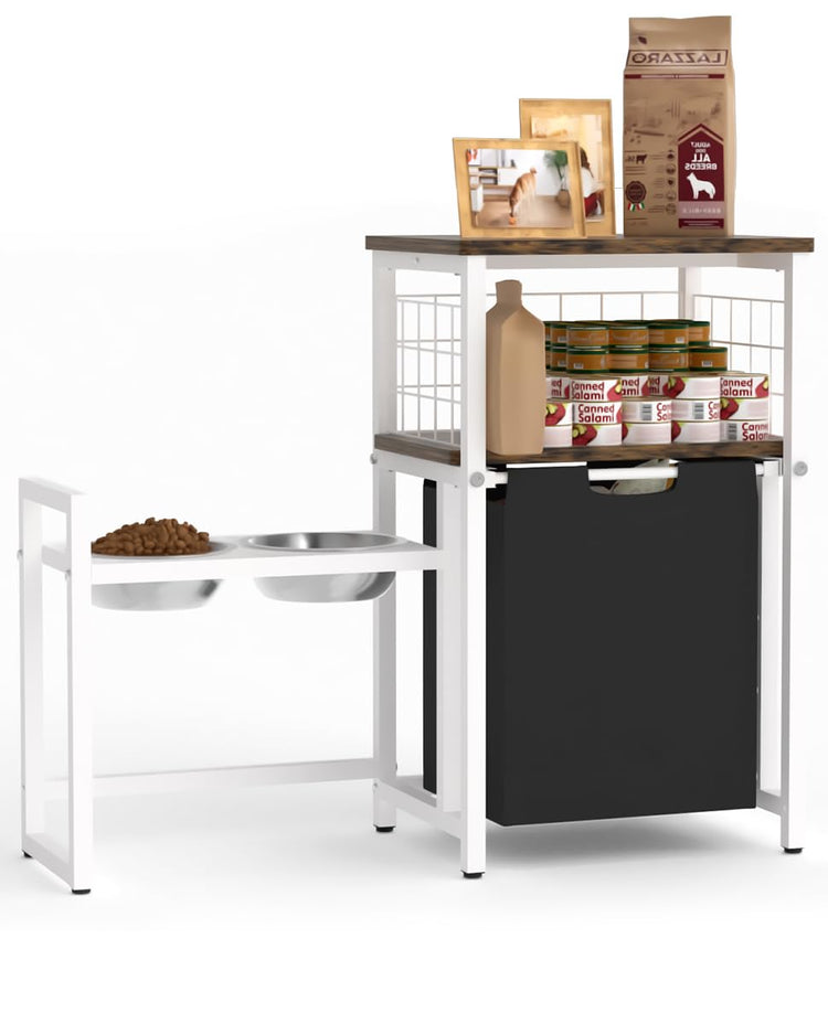30.6Long x 26.2 High Elevated Dog Bowl Stand with Pet Food Storage Organizer, Adjustable Raised Feeding Station with Toy Basket for Large Medium Small Dogs and Cats, Black