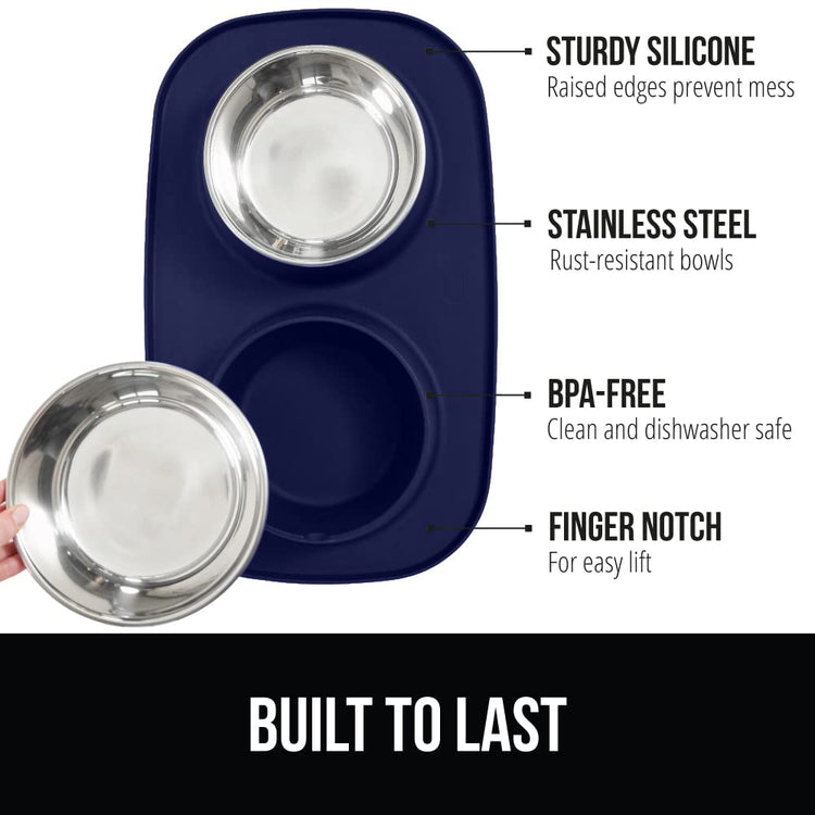 GORILLA GRIP Feeding Mat Set, Patent Pending 100% Waterproof BPA Free Silicone, Stainless Steel Cat and Dog Bowls, Slip Resistant, 1 Black mat/tray with 2 stainless steel bowls