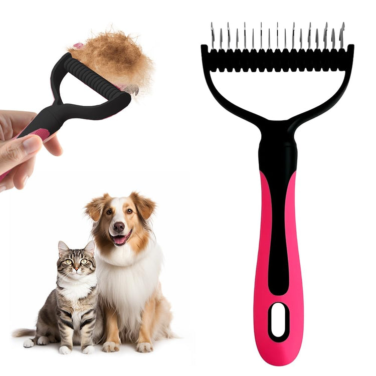 Double Sided Dematting Comb for Cats and Dogs, 2-in-1 Deshedding and Detangling Rake, Undercoat Matt Remover for Long Thick Hair, Pet Grooming Brush, Lint Remover (white)