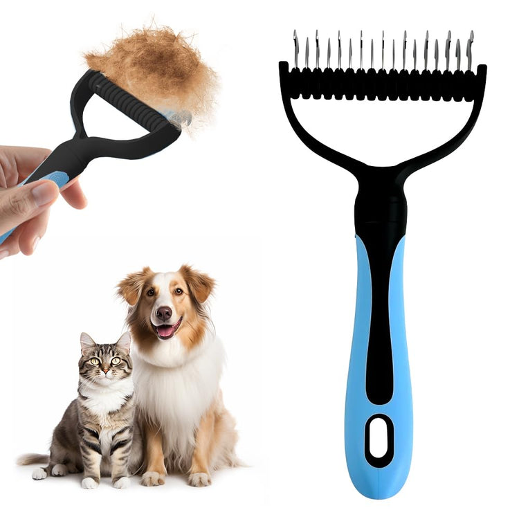 Double Sided Dematting Comb for Cats and Dogs, 2-in-1 Deshedding and Detangling Rake, Undercoat Matt Remover for Long Thick Hair, Pet Grooming Brush, Lint Remover (white)