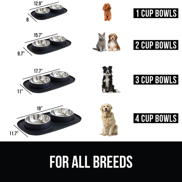 GORILLA GRIP Feeding Mat Set, Patent Pending 100% Waterproof BPA Free Silicone, Stainless Steel Cat and Dog Bowls, Slip Resistant, 1 Black mat/tray with 2 stainless steel bowls