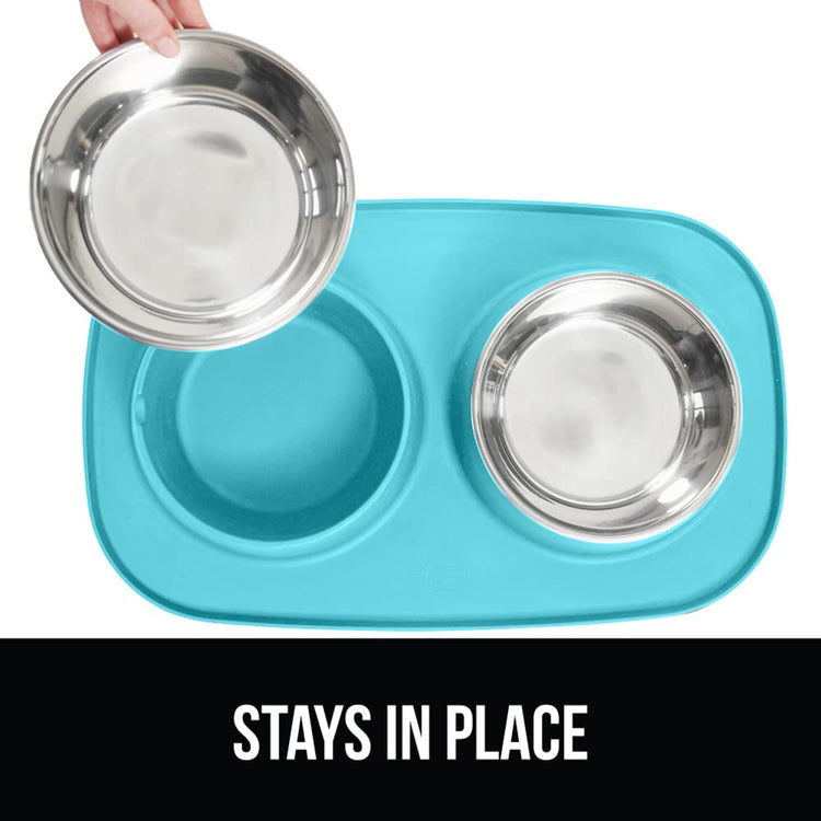 GORILLA GRIP Feeding Mat Set, Patent Pending 100% Waterproof BPA Free Silicone, Stainless Steel Cat and Dog Bowls, Slip Resistant, 1 Black mat/tray with 2 stainless steel bowls