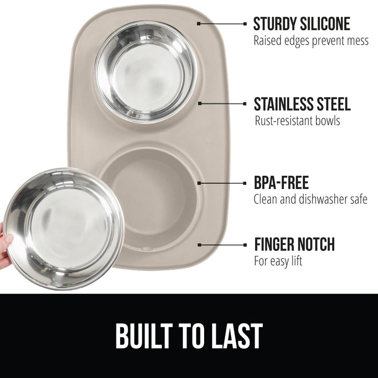 GORILLA GRIP Feeding Mat Set, Patent Pending 100% Waterproof BPA Free Silicone, Stainless Steel Cat and Dog Bowls, Slip Resistant, 1 Black mat/tray with 2 stainless steel bowls