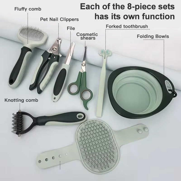 PetsBuzz 8 in 1 Pet Grooming Kit Brush, Cat Dog Grooming Kits at Home, Nail Clipper and File, Self Cleaning Deshedding Pet Brush,Undercoat Rake Detangler, Toothbrush, Collapsible dog Bowl