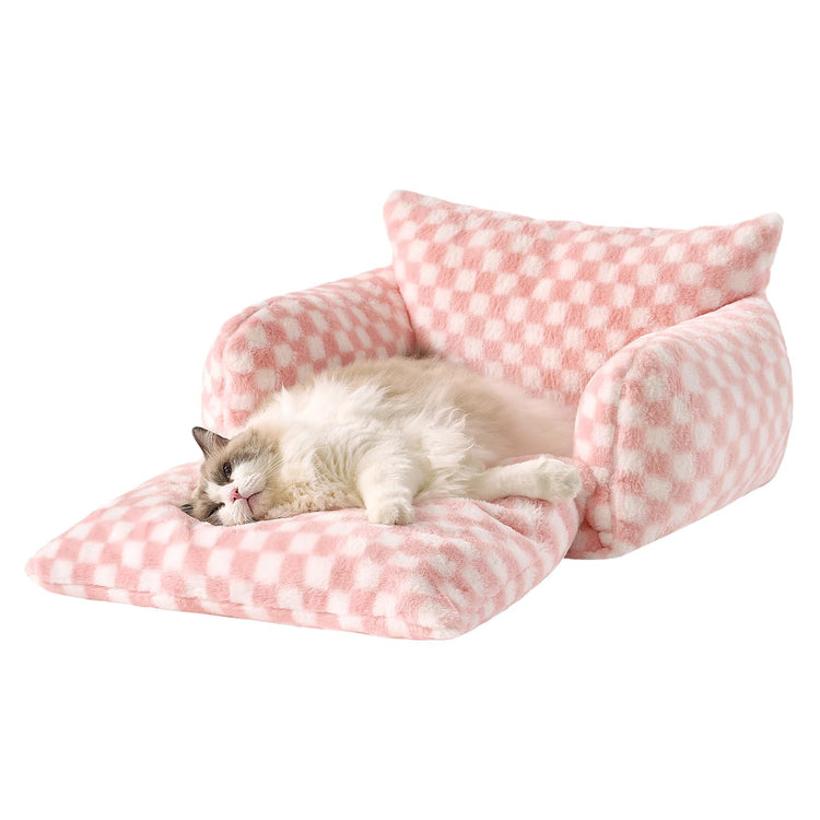 Hollypet Cat Bed Fluffy Plush Multifunctional Double-Layer Machine Washable Soft Warming Kitty Pet Couch Orthopedic Nest Beds for Small Cats Kitten and Dogs up to 13lbs, Khaki(25x20x13 inch)