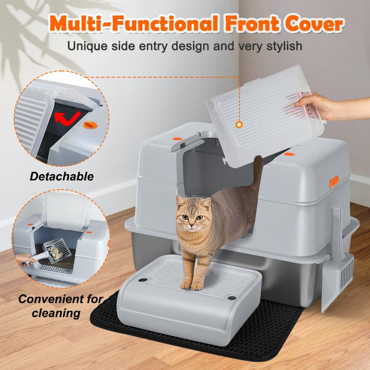 Vivifying Stainless Steel Litter Box, XL Side Entry Extra Large Litter Box with Lid for Big Cats & Kitty, Removable Enclosed Metal Cat Pan with High Sided Enclosure, Scoop (Black)