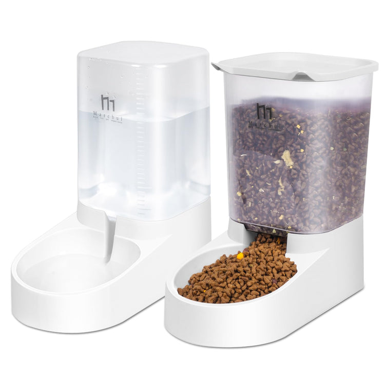 Marchul Dog Feeder and Water Dispenser, Automatic Gravity Dog Food Dispenser, Pet Food Dispenser Set for Small Medium Dogs Puppy Kitten (1 Gallon / 3.8L with Silicone Mat)