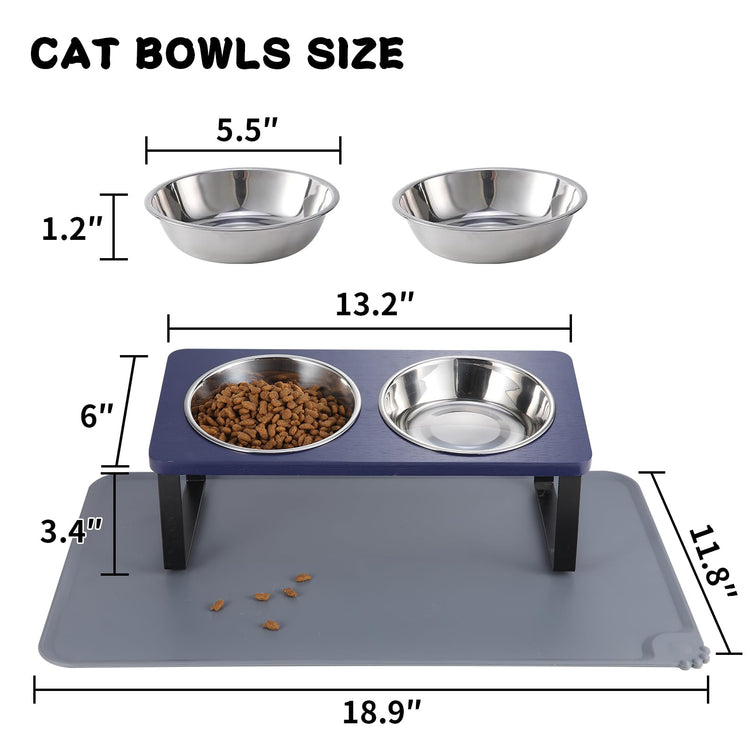 Upgraded Elevated Cat Bowls with Food Mat,15°Tilted Stand Anti Vomiting Raised Cat Dishes for Food and Water,2 Stainless Steel Bowls for Cats and Puppy