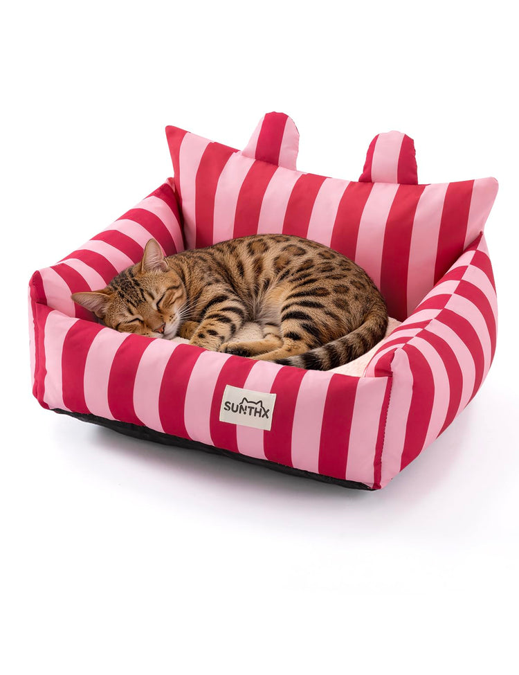 Cat Couch, Reversible Pet Bed for Indoor Cats – 2-Sided Cat Sofa with Oxford Fabric and Plush Fleece, Washable Small Dog Couch for Puppies and Senior Pets, Non-Slip Bottom, 28 inch, Pink Brown
