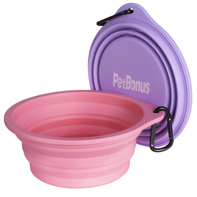 PetBonus 2-Pack Silicone Collapsible Dog Bowls, BPA Free Dishwasher Safe, Portable Foldable Expandable Travel Bowl, Food Water Feeding Cup Dish for Dogs Cats with 2 Carabiners (Turquoise, Tan)