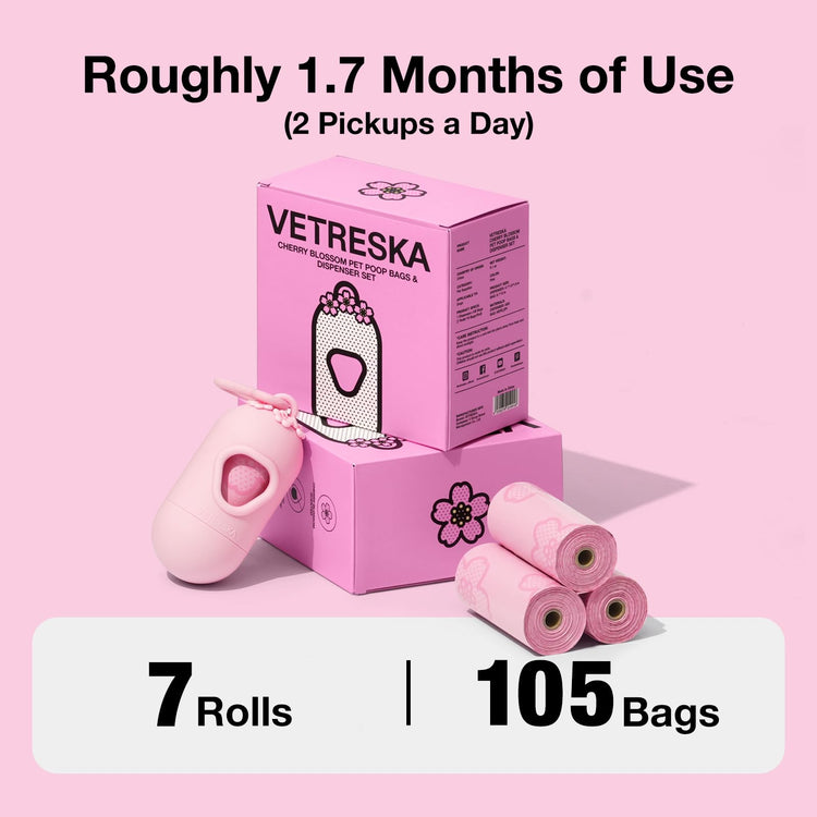 VETRESKA Dog Poop Bag Dispenser with Cherry Blossom Scented Poop Bags, Leak Proof and Extra Thick Pet Waste Bags, 1 Poop Bag Holder and 105 Bags for Dog Walking and Cats Litter, Pink