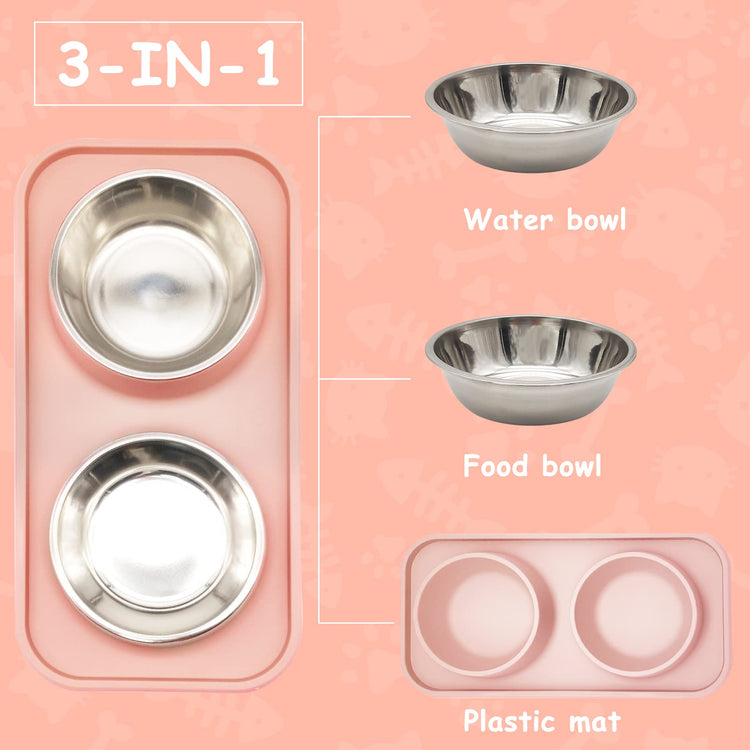 BNOSDM Double Dog Food Bowls Stainless Steel Dog Food and Water Bowls with Non-Spill Plastic Mat Pet Cat Feeder Bowl Set for Puppy Cats Kitten Small Medium Dogs Pink