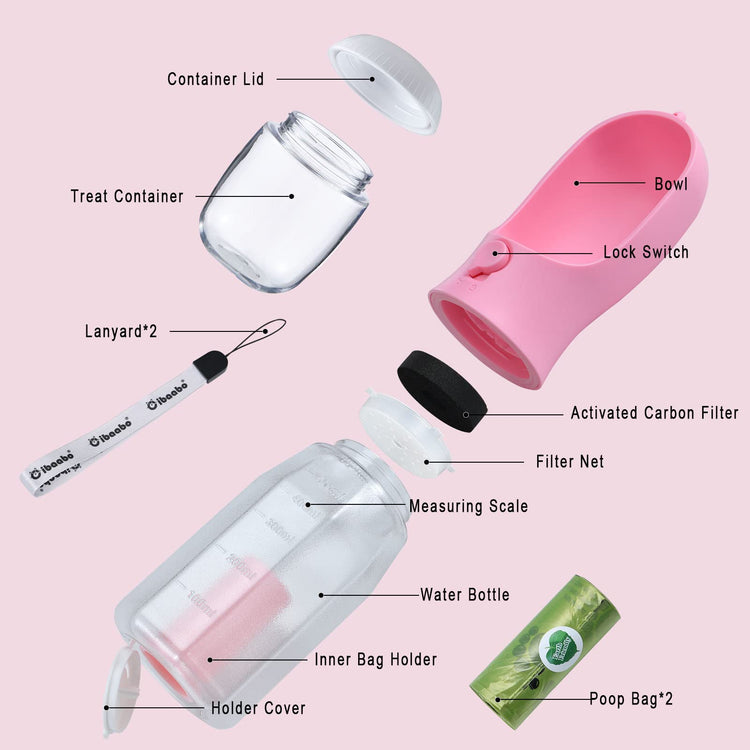 Cibaabo Dog Water Bottle with Food Container & Poop Bag Holder, Travel Water Bowl, Portable Pet Dispenser, Dog Gifts Stuff Accessories Items, Puppy Essentials for Yorkie Chihuahua Walking Hiking