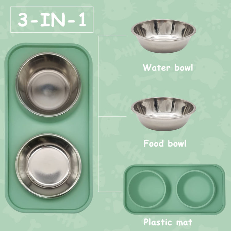 BNOSDM Double Dog Food Bowls Stainless Steel Dog Food and Water Bowls with Non-Spill Plastic Mat Pet Cat Feeder Bowl Set for Puppy Cats Kitten Small Medium Dogs Pink