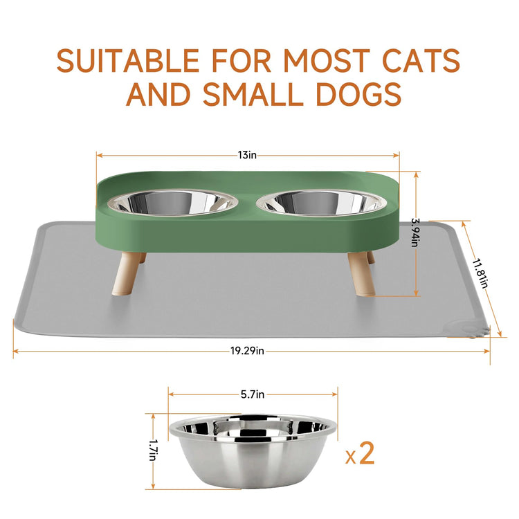 Elevated Cat Bowl, Raised Cat Food and Water Bowl Set for Indoor Cats, Splash Proof with 2 Stainless Steel Pet Food Bowls for Cats and Puppies, Whisker Fatigue and Dishwasher Safe - White