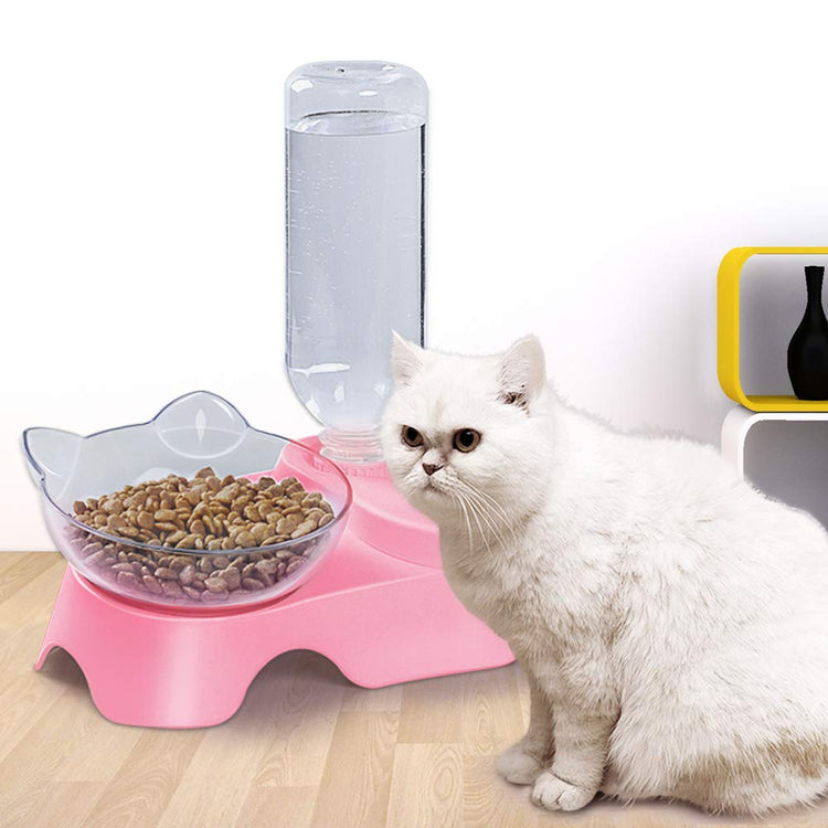 MILIFUN Double Dog Cat Bowls - Pets Water and Food Bowl Set, 15°Tilted Water and Food Bowl Set with Automatic Waterer Bottle for Small or Medium Size Dogs Cats