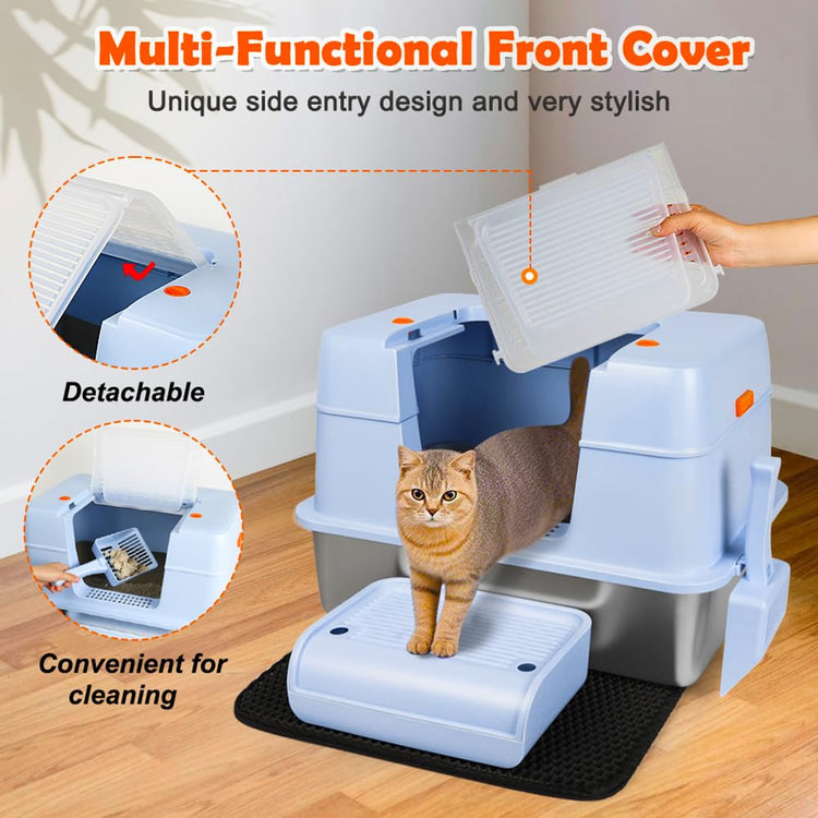 Vivifying Stainless Steel Litter Box, XL Side Entry Extra Large Litter Box with Lid for Big Cats & Kitty, Removable Enclosed Metal Cat Pan with High Sided Enclosure, Scoop (Black)