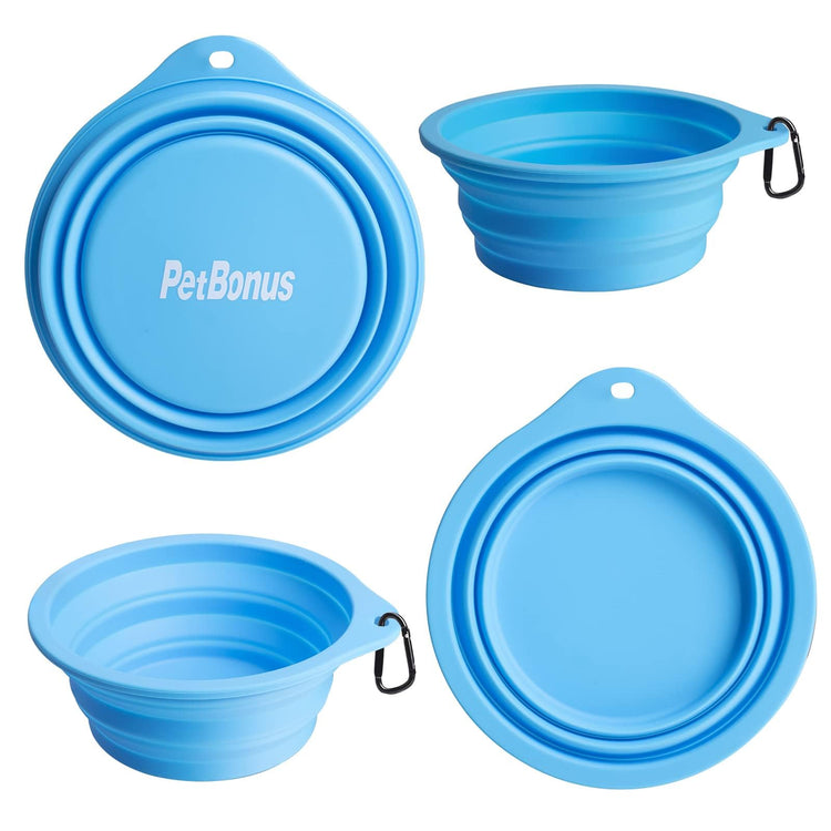 PetBonus 2-Pack Silicone Collapsible Dog Bowls, BPA Free Dishwasher Safe, Portable Foldable Expandable Travel Bowl, Food Water Feeding Cup Dish for Dogs Cats with 2 Carabiners (Turquoise, Tan)
