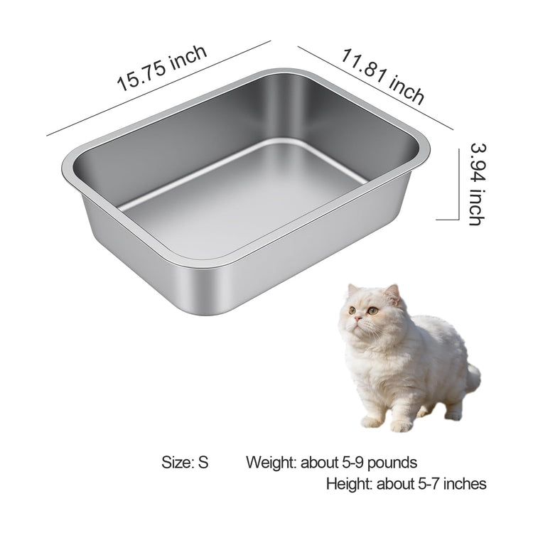 Stainless Steel Litter Box with High Sided, Metal Cat Litter Box, Odor-Free, Non-Stick Litterbox Pan, Easy to Clean Pet Supplies Toilet Tray for Indoor Cats, Kittens or Multicat Homes