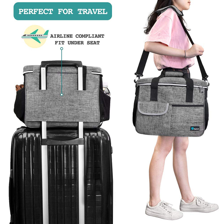 PetAmi Dog Travel Bag Organizer, Pet Travel Kit with 2 Food Containers & 2 Collapsible Dog Bowls, Pet Supplies Tote with Luggage Sleeve, Weekend Road Trip Camping Essentials, Dark Gray, Medium