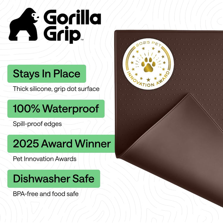 GORILLA GRIP 100% Waterproof Raised Edge BPA Free Silicone Pet Feeding Mat, Dog Cat Food Mats Contain Spills Protects Floors, Placemats for Cats and Dogs Water Bowl, 18.5x11.5, Gray