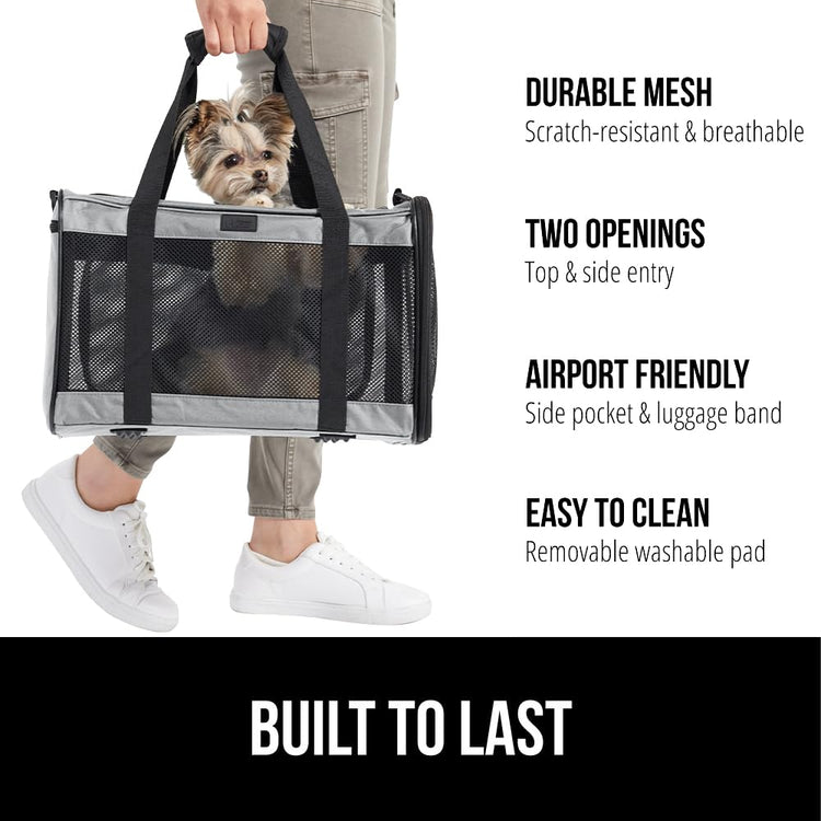 GORILLA GRIP Cat Carrier Travel Bag Up to 15 Lbs, Soft Collapsible Small Dog Carriers, Top and Side Entry Breathable Mesh, Grip Feet on Underside, Cozy Washable Waterproof Pad, Portable Kennel, Black