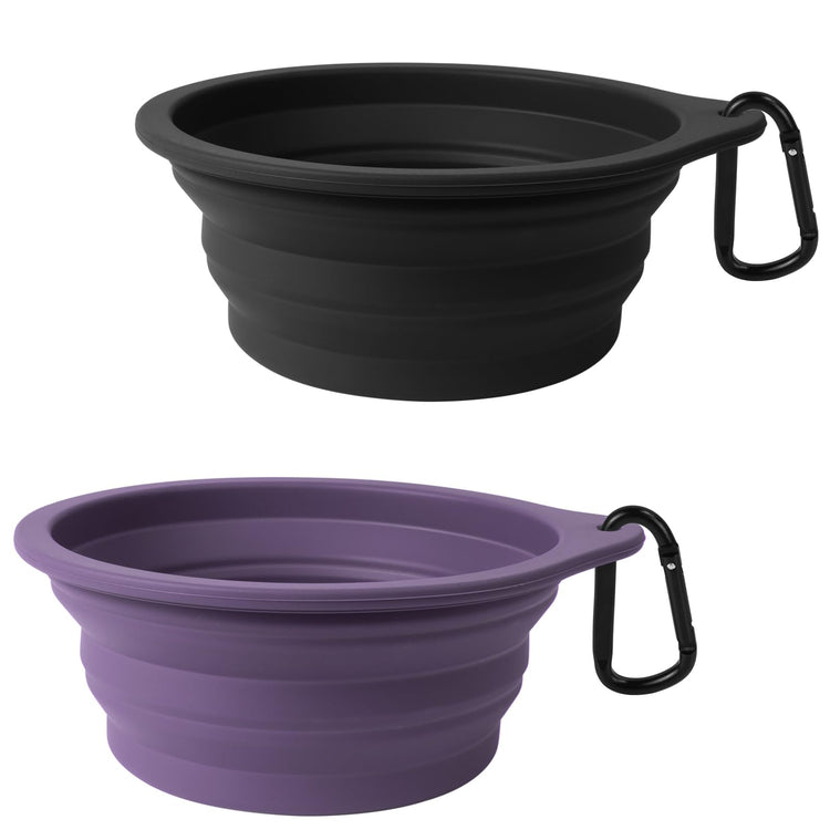 PetBonus 2-Pack Silicone Collapsible Dog Bowls, BPA Free Dishwasher Safe, Portable Foldable Expandable Travel Bowl, Food Water Feeding Cup Dish for Dogs Cats with 2 Carabiners (Turquoise, Tan)