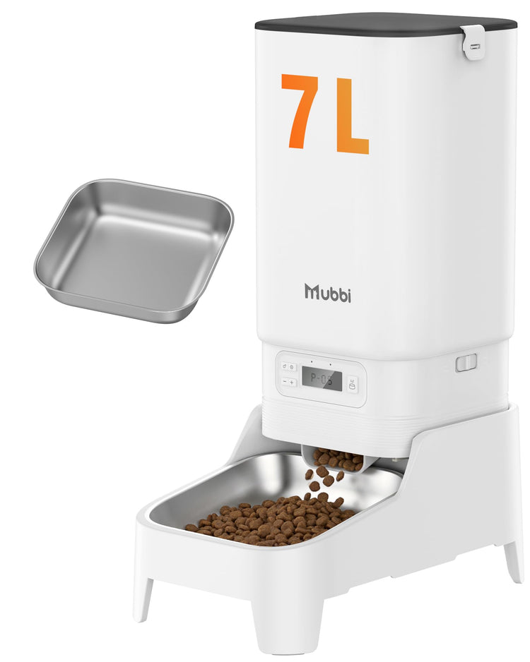 Automatic Dog Feeder with Elevated Stand - 7L Cat Food Dispenser with Large Food Tray, Timed Auto Cat Feeder for Dry Food, 6 Meals Per Day, No-Jam, Freshness Design, Detachable for Easy Clean