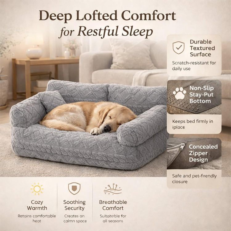 Plush Calming Pet Sofa Bed, 6 Sizes Large Fluffy Dog Cat Couch Beds Plush for Indoor, Raised Rim, Removable Cover & Non-Slip Bottom for Cats and Dogs of Any Size (Dark Grey, Small)